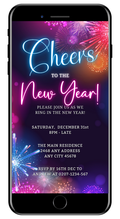 Smartphone displaying customizable digital invitation with neon Cheers text and fireworks for New Year's 2024 party by URCordiallyInvited. Editable via Canva.