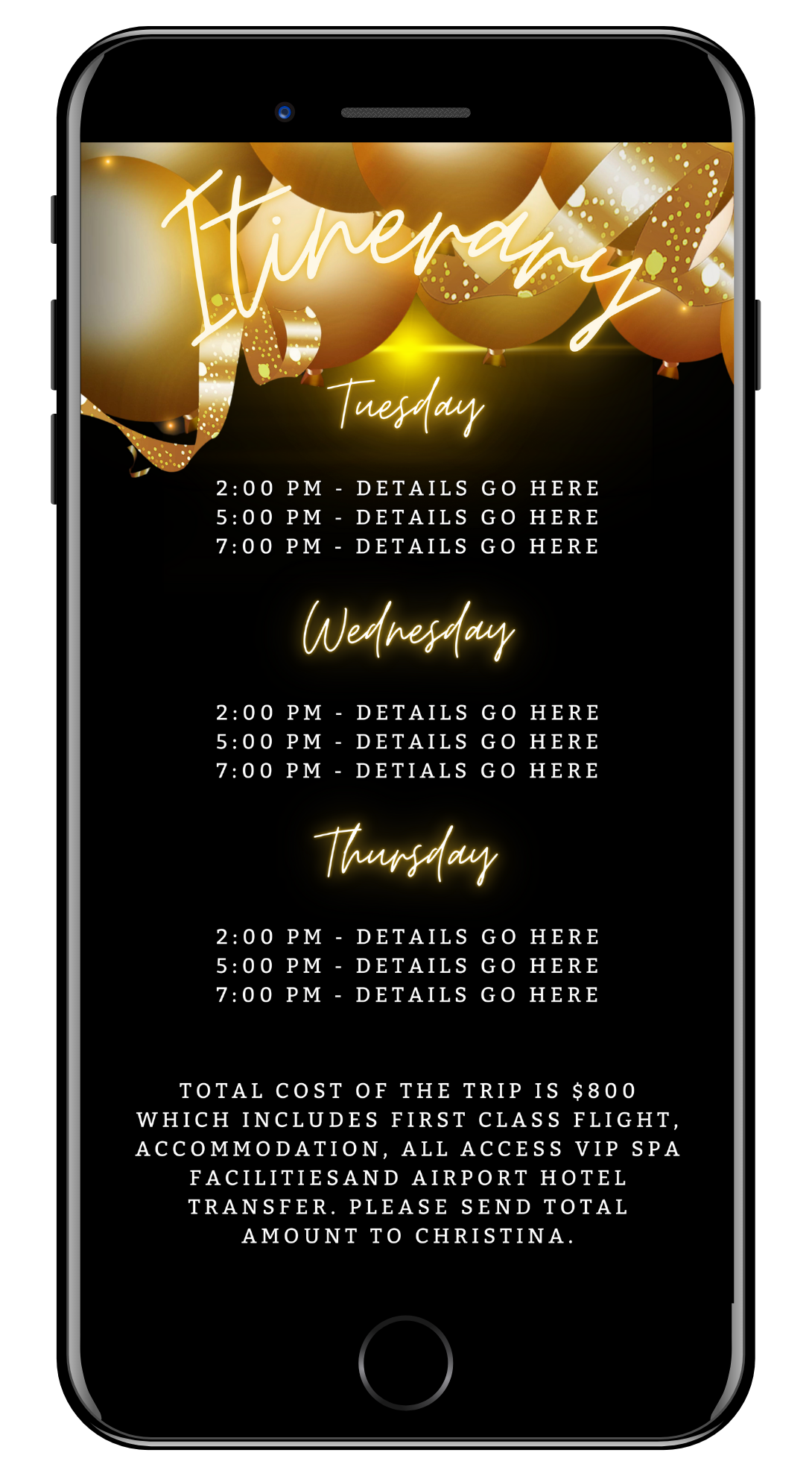 Black Neon Gold Balloons | 7 Day Getaway Birthday Evite displayed on a smartphone screen, featuring customizable event details and vibrant balloon graphics.