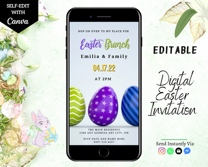 Smartphone displaying Green Lilac Easter Eggs | Easter Brunch Party Evite template, featuring customizable text and graphics for digital invitations.