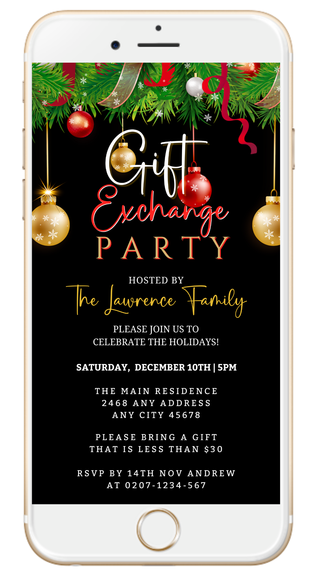 Smartphone displaying a customizable digital Christmas party invitation with green, red, and gold ornaments. Perfect for creating and sharing via text, email, or social media.