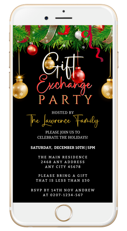 Smartphone displaying a customizable digital Christmas party invitation with green, red, and gold ornaments. Perfect for creating and sharing via text, email, or social media.