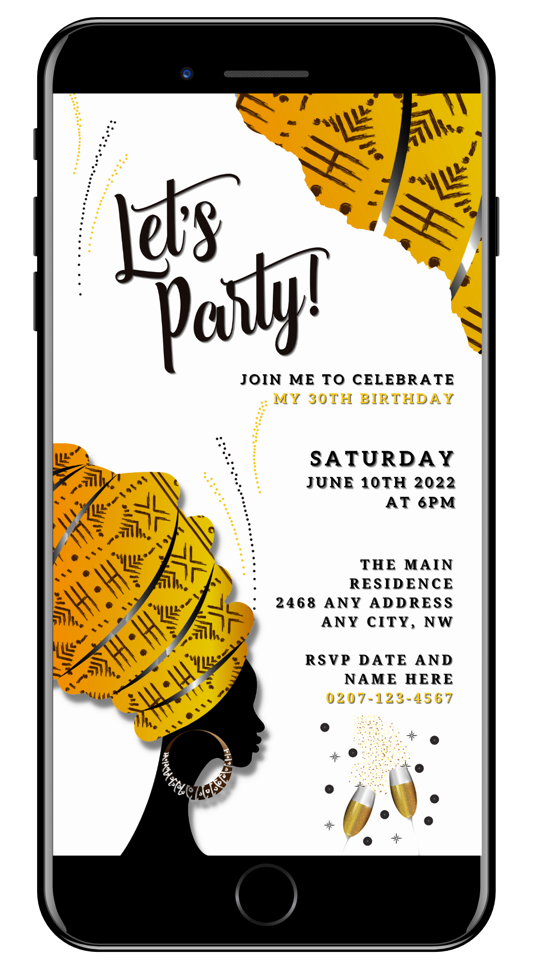 Cell phone displaying a customizable White Yellow Ankara African Woman Silhouette editable party invitation template.
