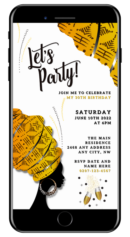 Cell phone displaying a customizable White Yellow Ankara African Woman Silhouette editable party invitation template.