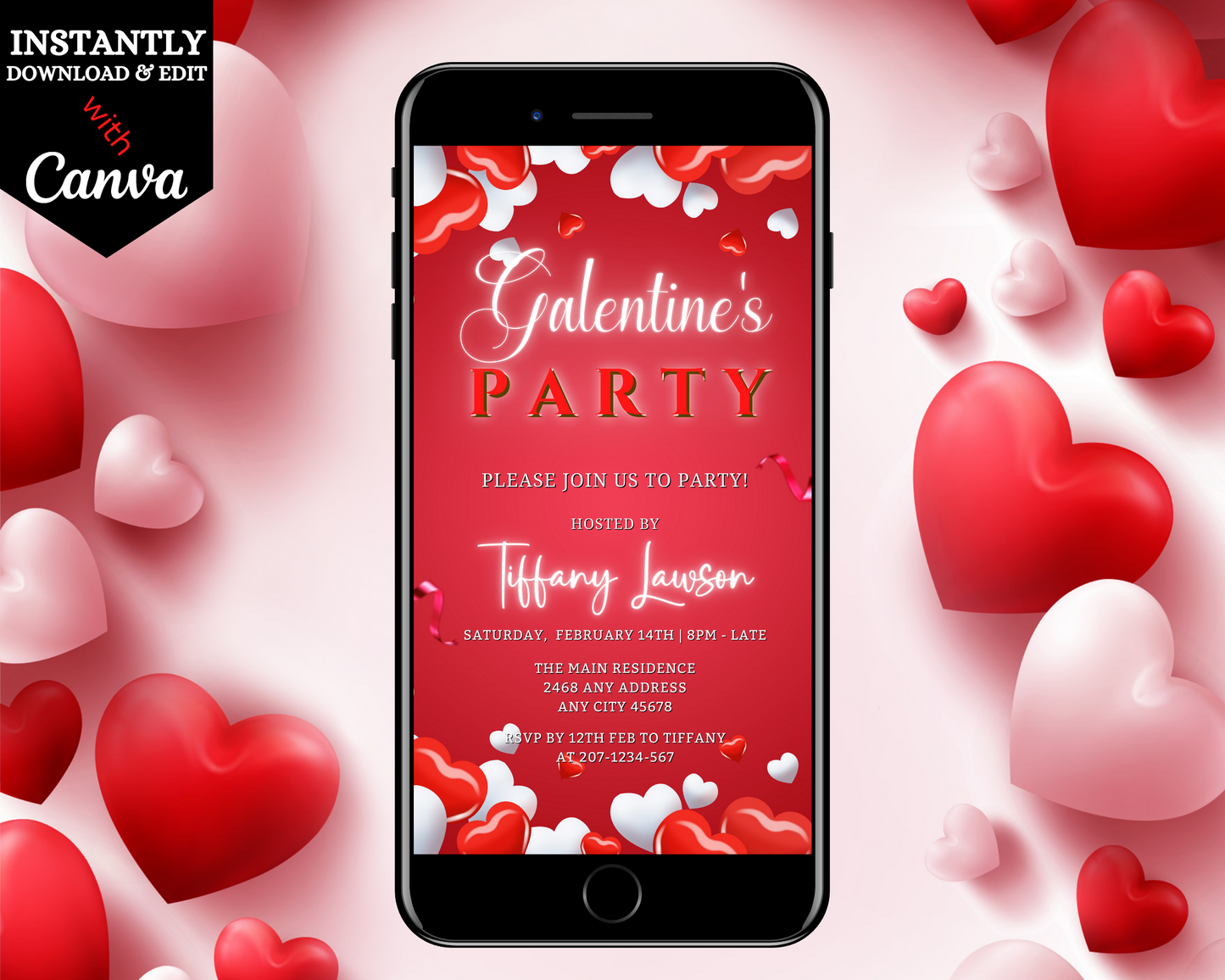 Editable Red White Border Hearts Galentines Party Evite displayed on a smartphone screen, surrounded by heart graphics, ready for customization and digital sharing.