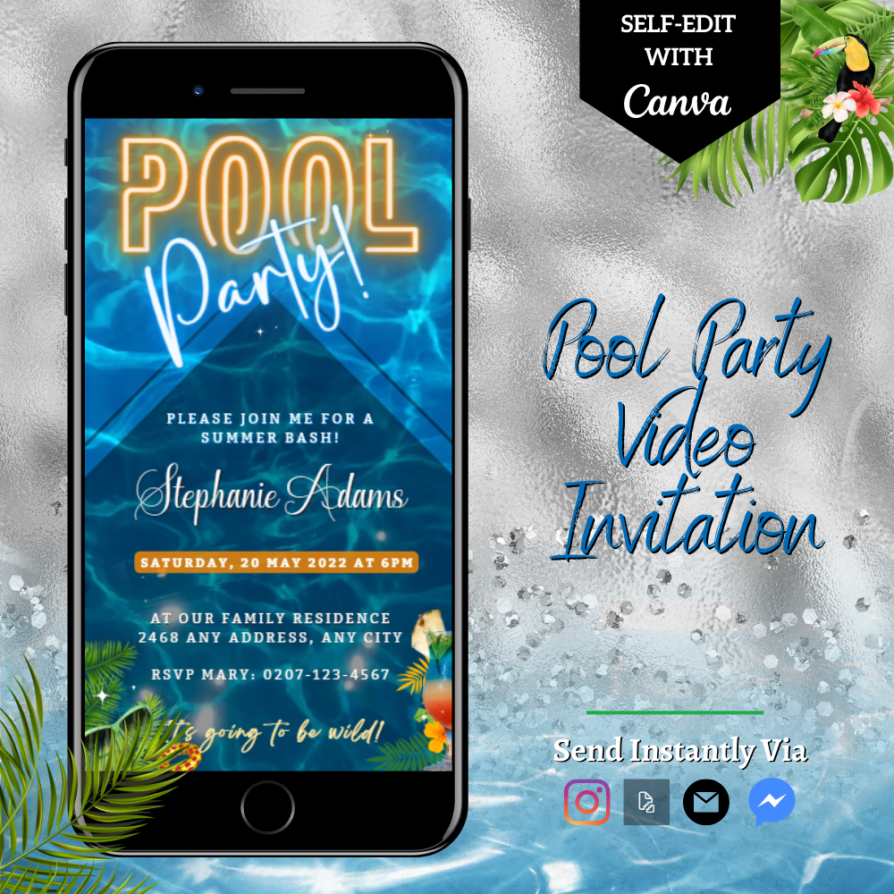 Cell phone displaying a customisable Blue Water Diamond Pool Party Video Invitation template, ready for personalization on Canva.