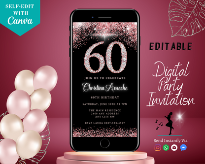 Cellphone displaying a customizable Rose Gold Diamond Glitter 60th Birthday Evite with pink balloons in the background.