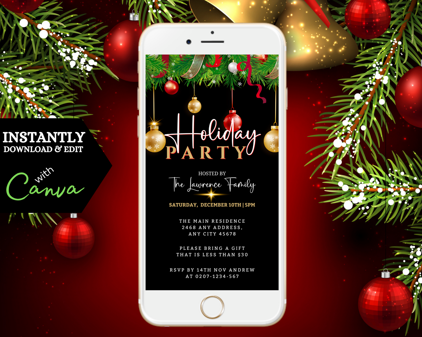 Gold Red Green Ornaments Holiday Party Evite displayed on a smartphone, featuring customizable digital invitation template with festive decorations, editable in Canva for easy sharing.
