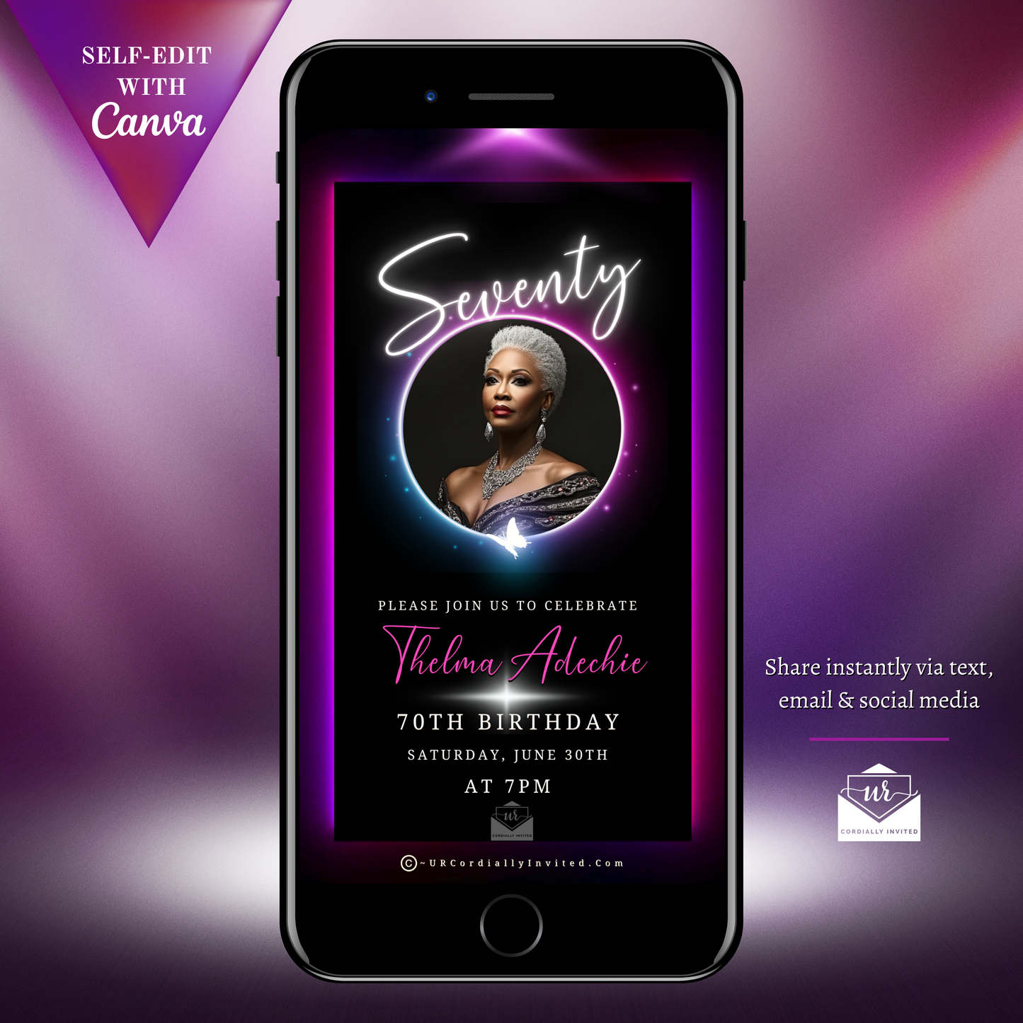 70th Birthday Video Invitation featuring a smartphone displaying a woman in a black dress, highlighting the Pink & Purple Oval Photo Frame Animated Invite design.