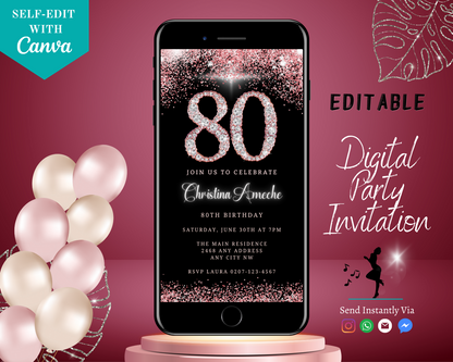 Customizable Digital Rose Gold Diamond Glitter 80th Birthday Evite displayed on a smartphone, set against a pink background with balloons.