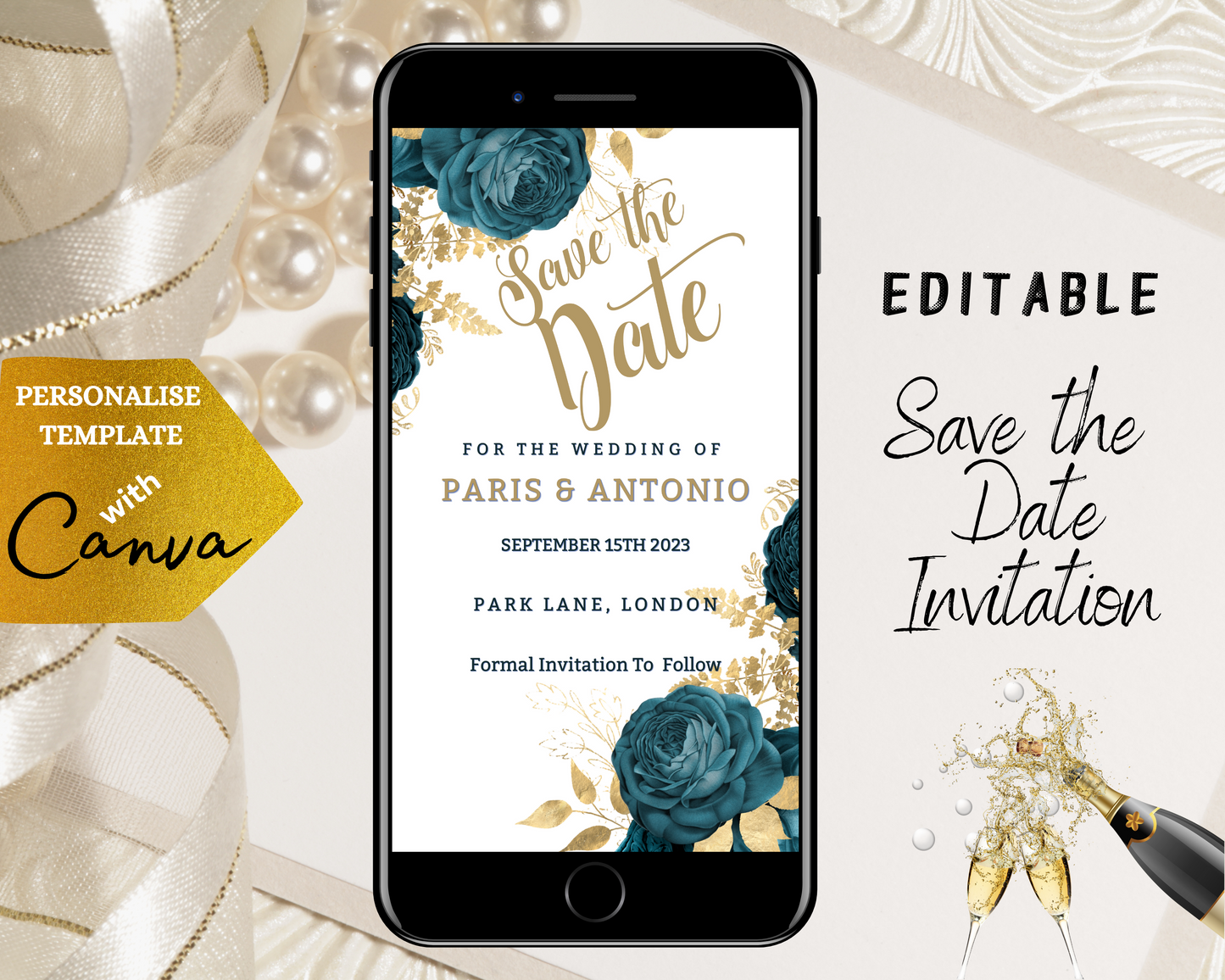 Rustic Gold Blue Save The Date Wedding Evite displayed on a smartphone screen with blue flowers, customizable via Canva for digital sharing.