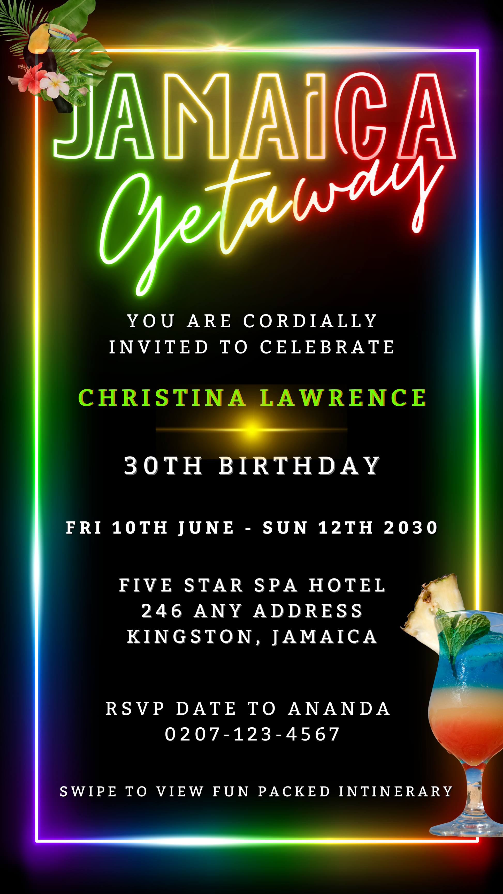Jamaica Colourful Neon | Getaway Party Evite featuring a vibrant drink and customizable neon text, perfect for electronic invitations via Canva.