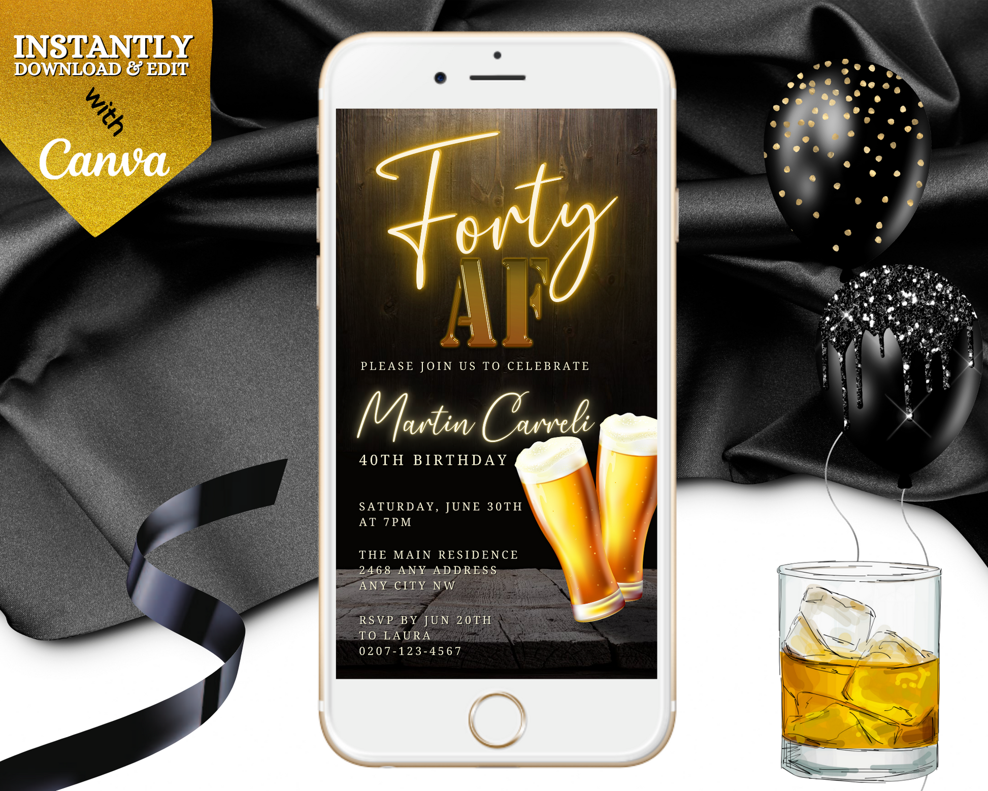 Gold Neon Beer | Forty AF Party Evite displayed on a smartphone screen surrounded by celebratory elements like balloons and drinks.