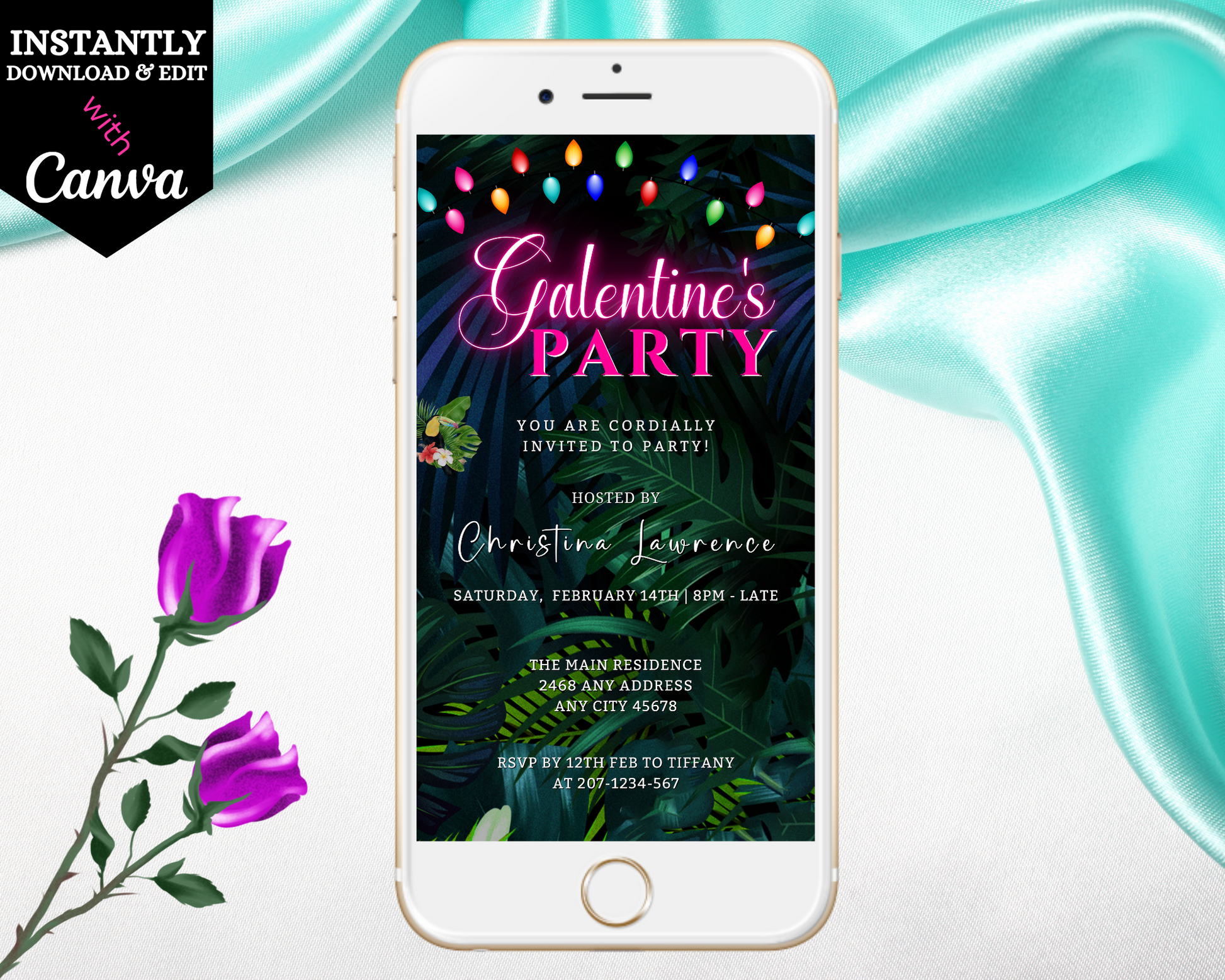 A smartphone displaying a customizable Tropical Neon Pink | Galentines Brunch Party Evite with a purple flower design and editable text.