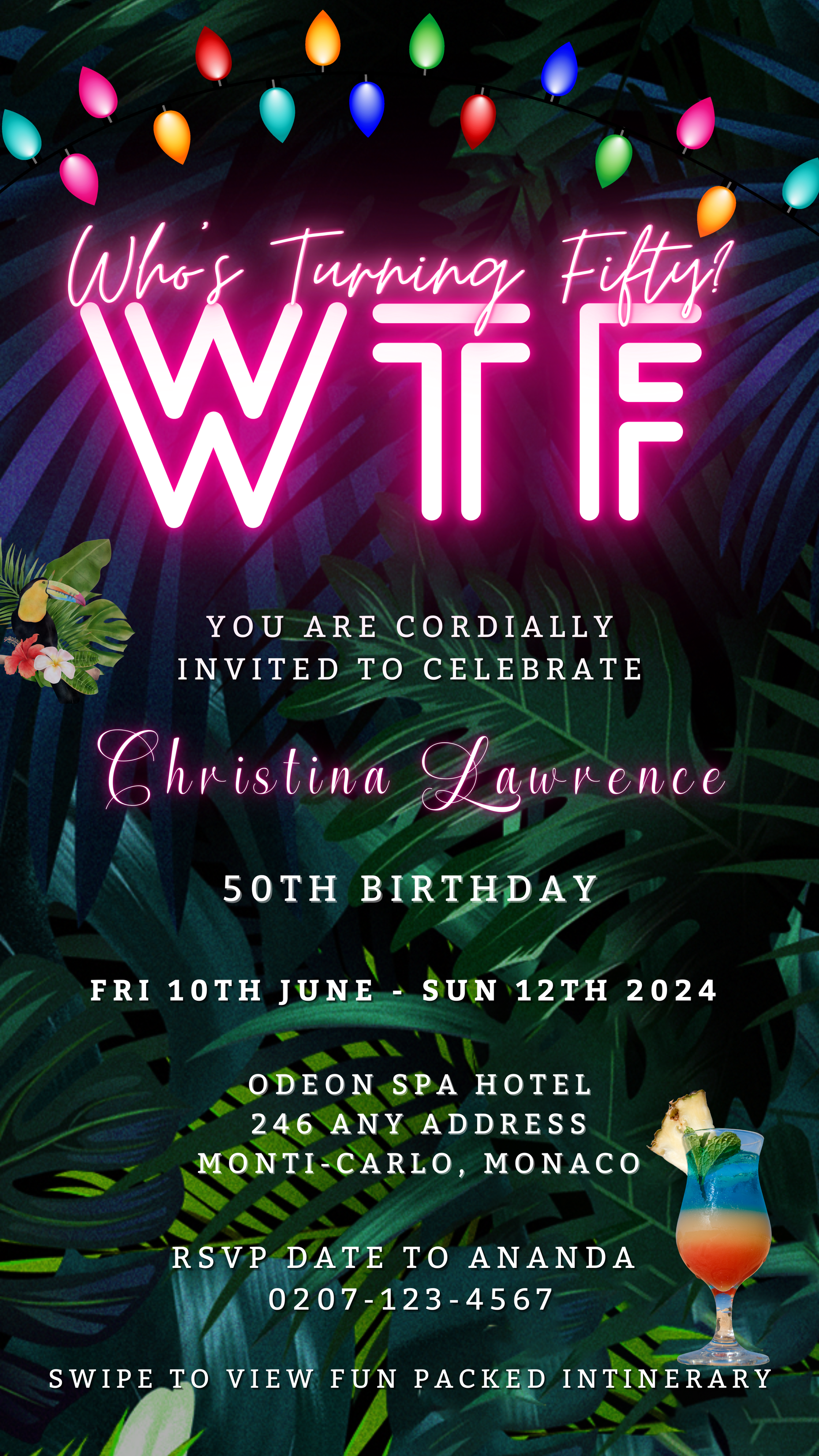 Tropical Destination Neon Pink Who's Turning Fifty Weekend Evite with customizable text, featuring a pink neon sign on a dark background with tropical leaves.