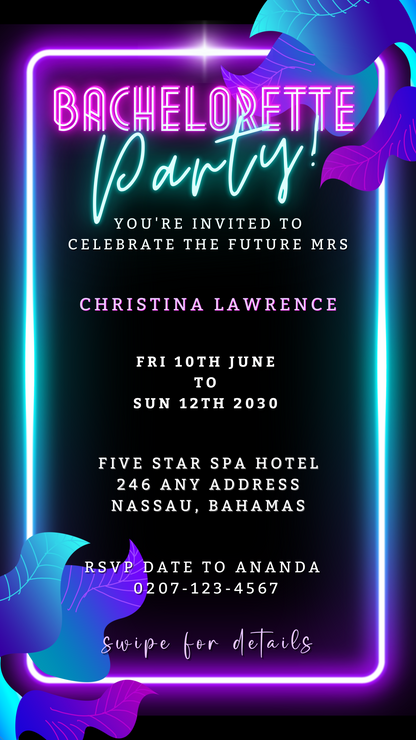 Black invitation with neon pink and aqua accents, featuring editable text for a Bachelorette Getaway Party. Designed for easy customization via Canva and digital sharing.