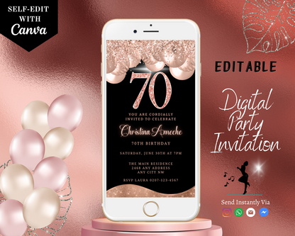 Customisable Digital Rose Gold Balloons Glitter 70th Birthday Evite displayed on a smartphone screen, showcasing an elegant invitation template with pink and gold balloons.