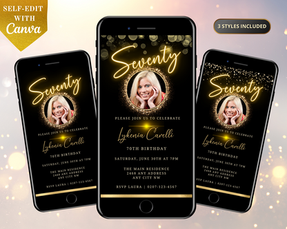 Group of cell phones displaying a customizable 70th Birthday Evite with a woman's photo, editable in Canva for digital sharing via smartphone.