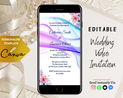Customizable Lilac White Floral Wedding Video Invitation displayed on a smartphone screen, ready to be personalized for electronic sharing via Canva.