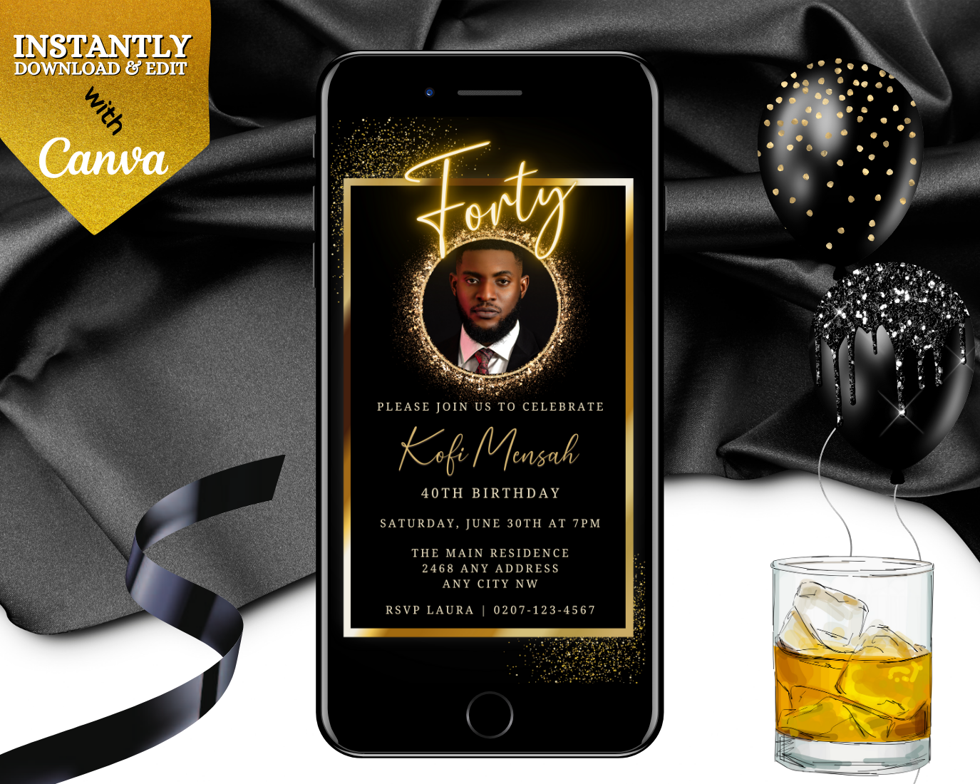 Neon Gold Oval Photo Frame | 40th Birthday Evite displayed on a smartphone screen with a man's photo. Includes an invitation video template for customization.