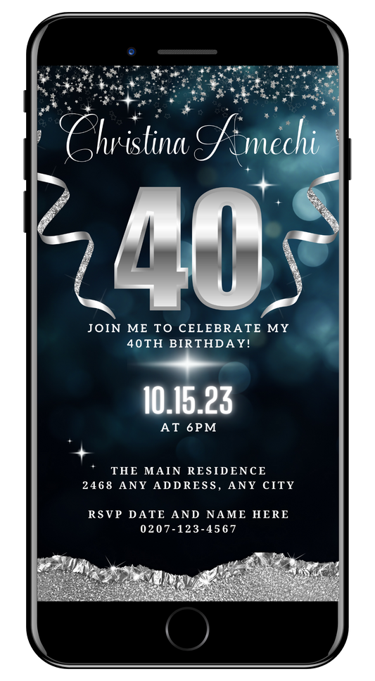 Digital birthday invitation template displayed on a smartphone screen, showcasing a customizable Navy Blue Silver Glitter | 40th Birthday Evite from URCordiallyInvited.