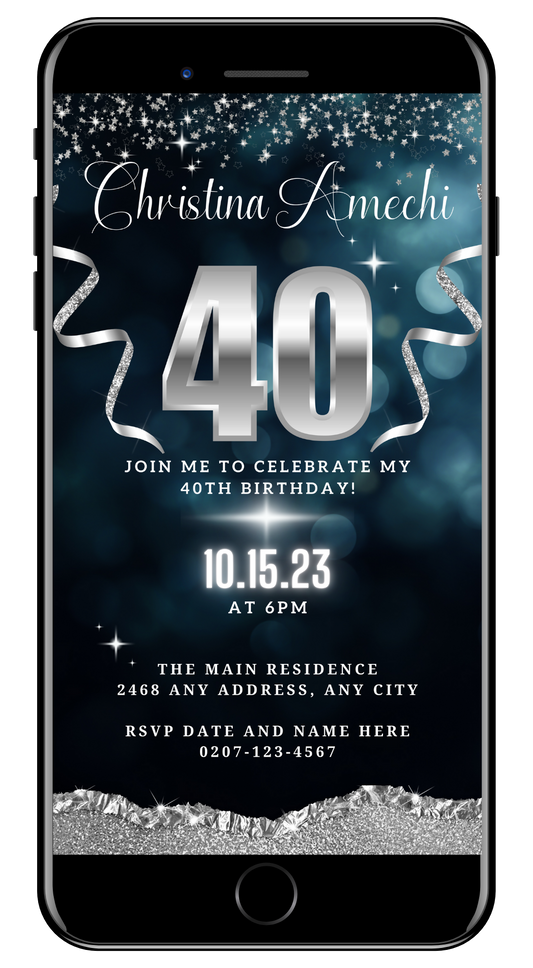 Navy Blue Silver Glitter | 40th Birthday Evite