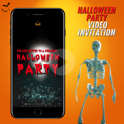 Electrifying Skull Halloween Party Video Invitation featuring an animated skull on a mobile device screen, perfect for spooky and fun Halloween celebrations.