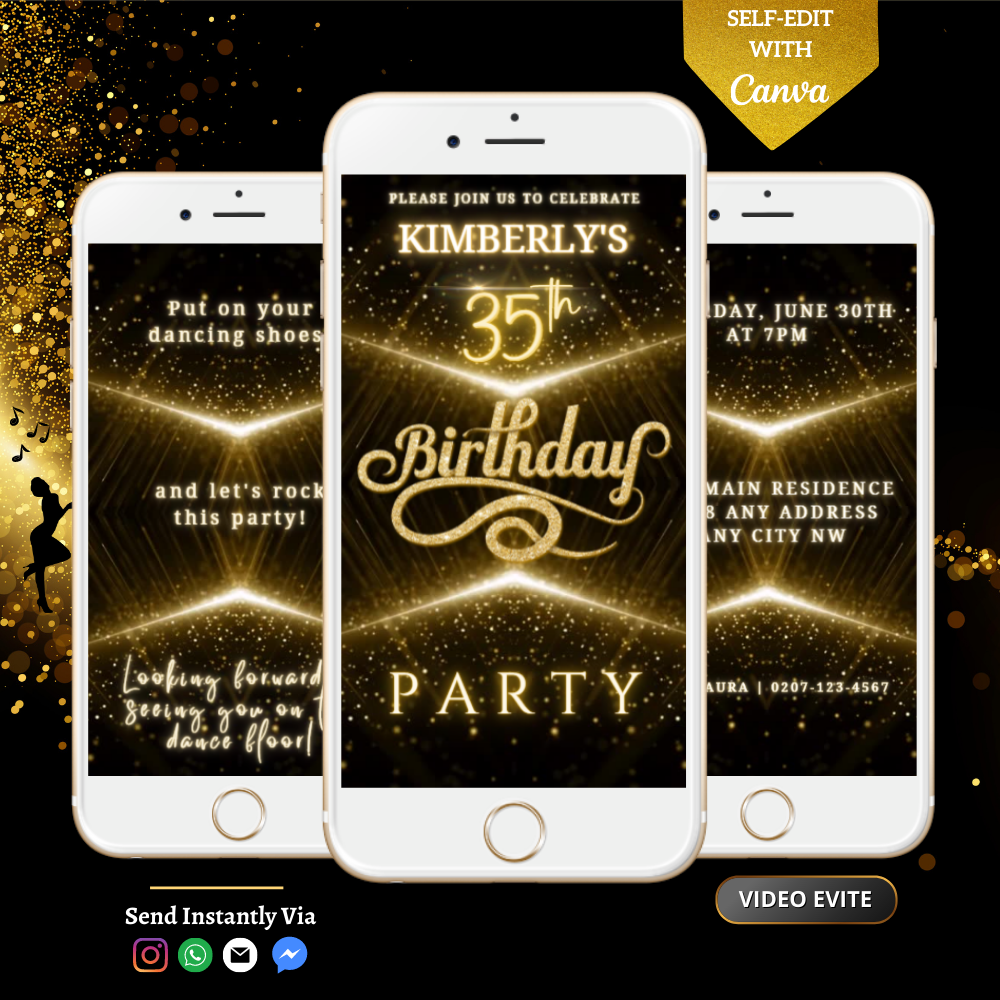 Black Gold Glitter Birthday Video Invitation displayed on multiple smartphones, showcasing customizable text and design elements for any age, editable via Canva.