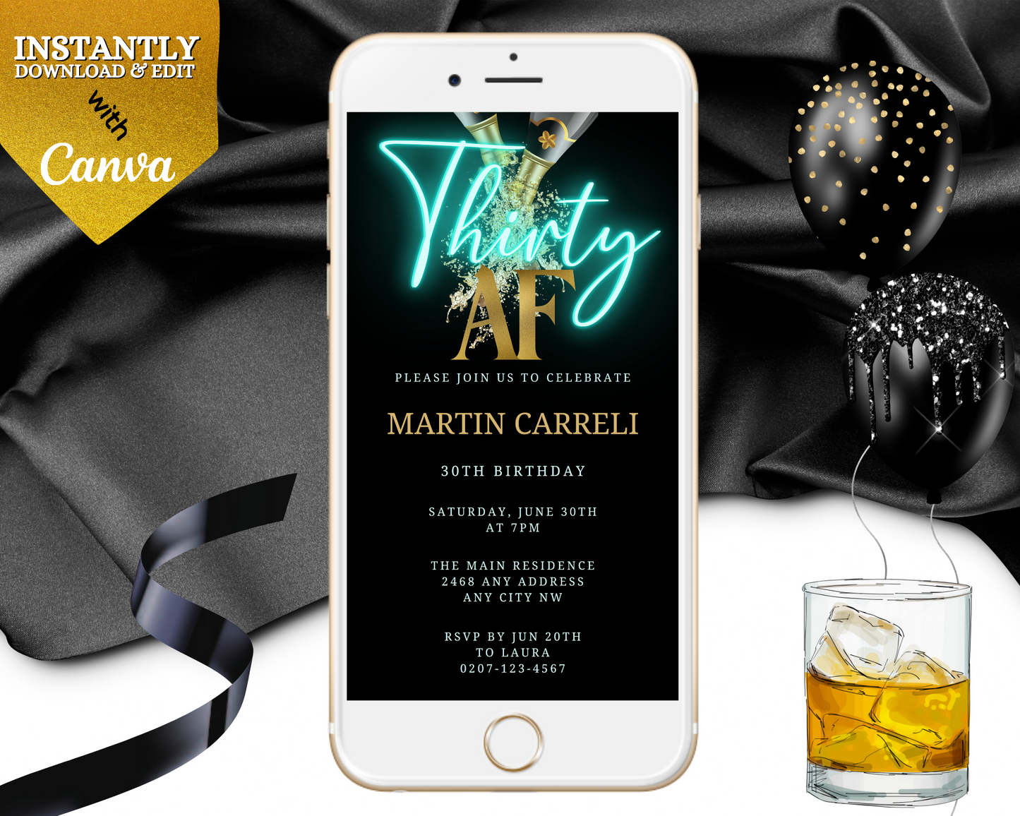 Customizable Black Gold Champagne Neon Teal | 30AF Party Evite displayed on a smartphone, accompanied by a drink and balloons.