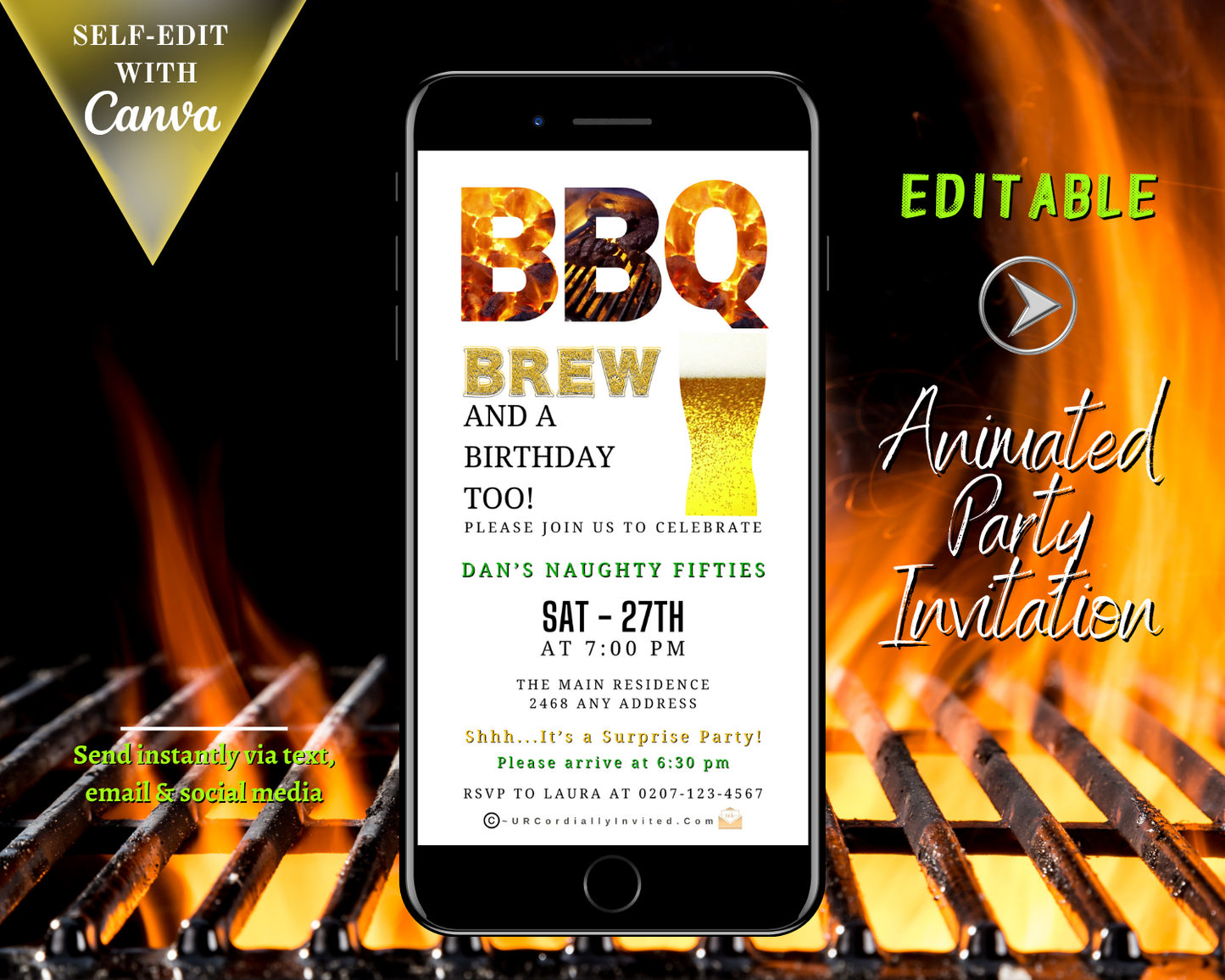 BBQ & Brew Birthday Invitation – Editable Canva Template displayed on a smartphone screen, showcasing customizable text and design for digital invitations.