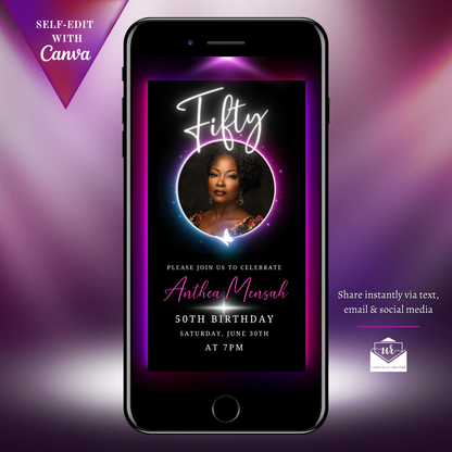 50th Birthday Video Invitation featuring a smartphone screen displaying a woman's photo, ideal for customizing with Canva for milestone celebrations.