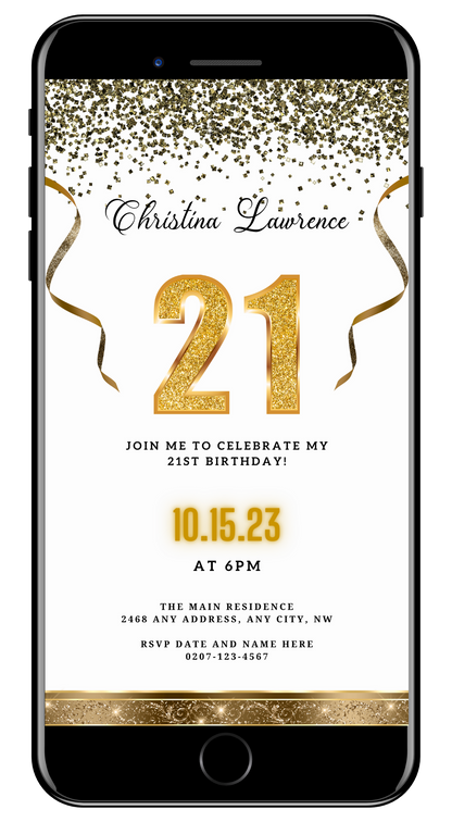 Customizable Digital White Gold Confetti 21st Birthday Evite displayed on a smartphone screen, featuring gold glittery number and confetti, ideal for personalizing and sharing electronically.