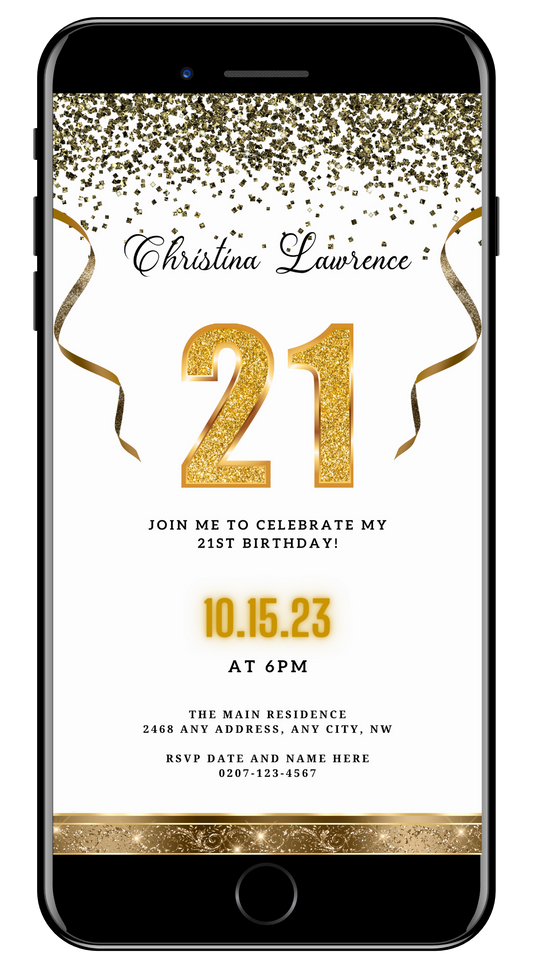 Customizable Digital White Gold Confetti 21st Birthday Evite displayed on a smartphone screen, featuring gold glittery number and confetti, ideal for personalizing and sharing electronically.