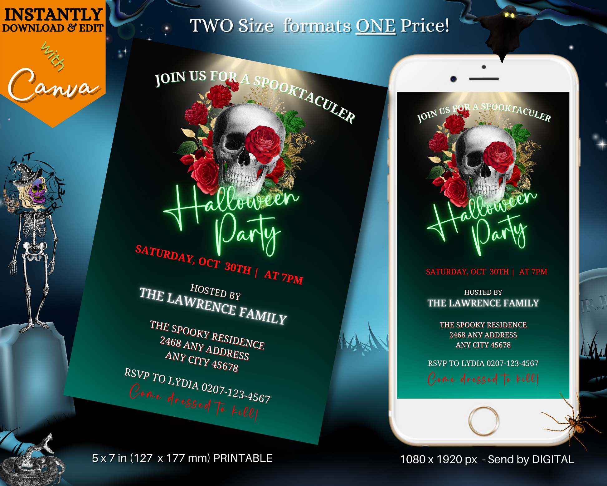 Red Rose Illuminated Skull | Halloween Evite - Customizable digital invitation with a skull and roses design, editable via Canva on mobile or PC.