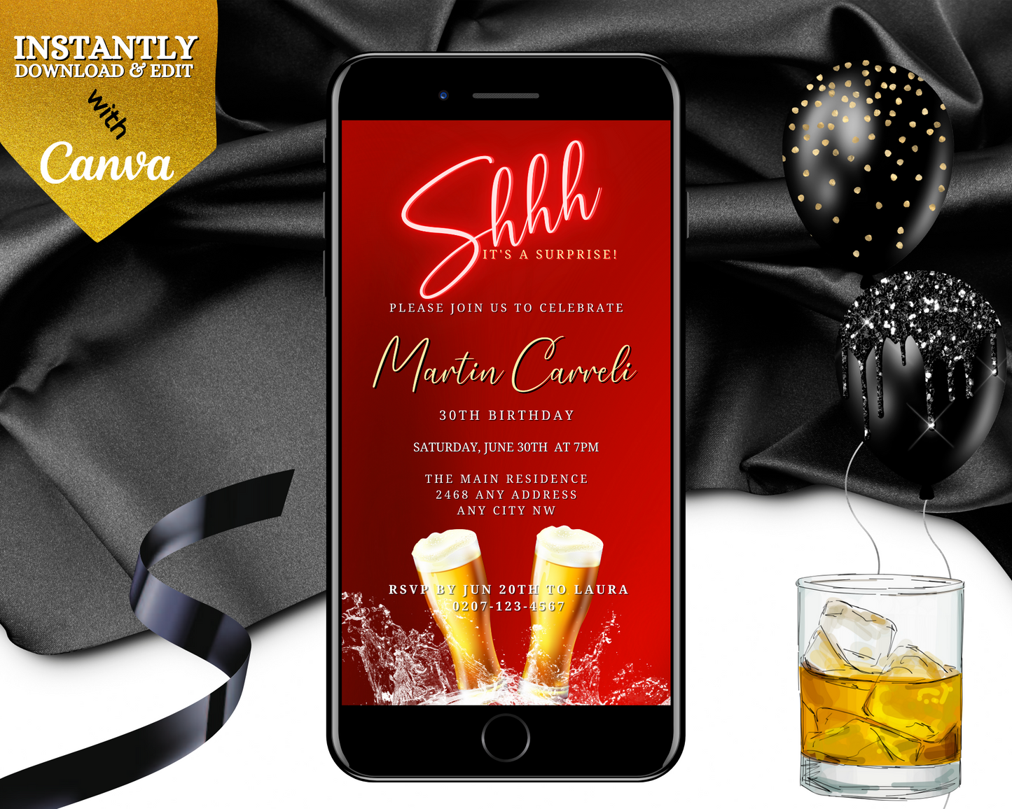 Men's Red Neon Beer Splash | Surprise Birthday Evite displayed on a smartphone screen with a drink glass and festive balloons in the background.