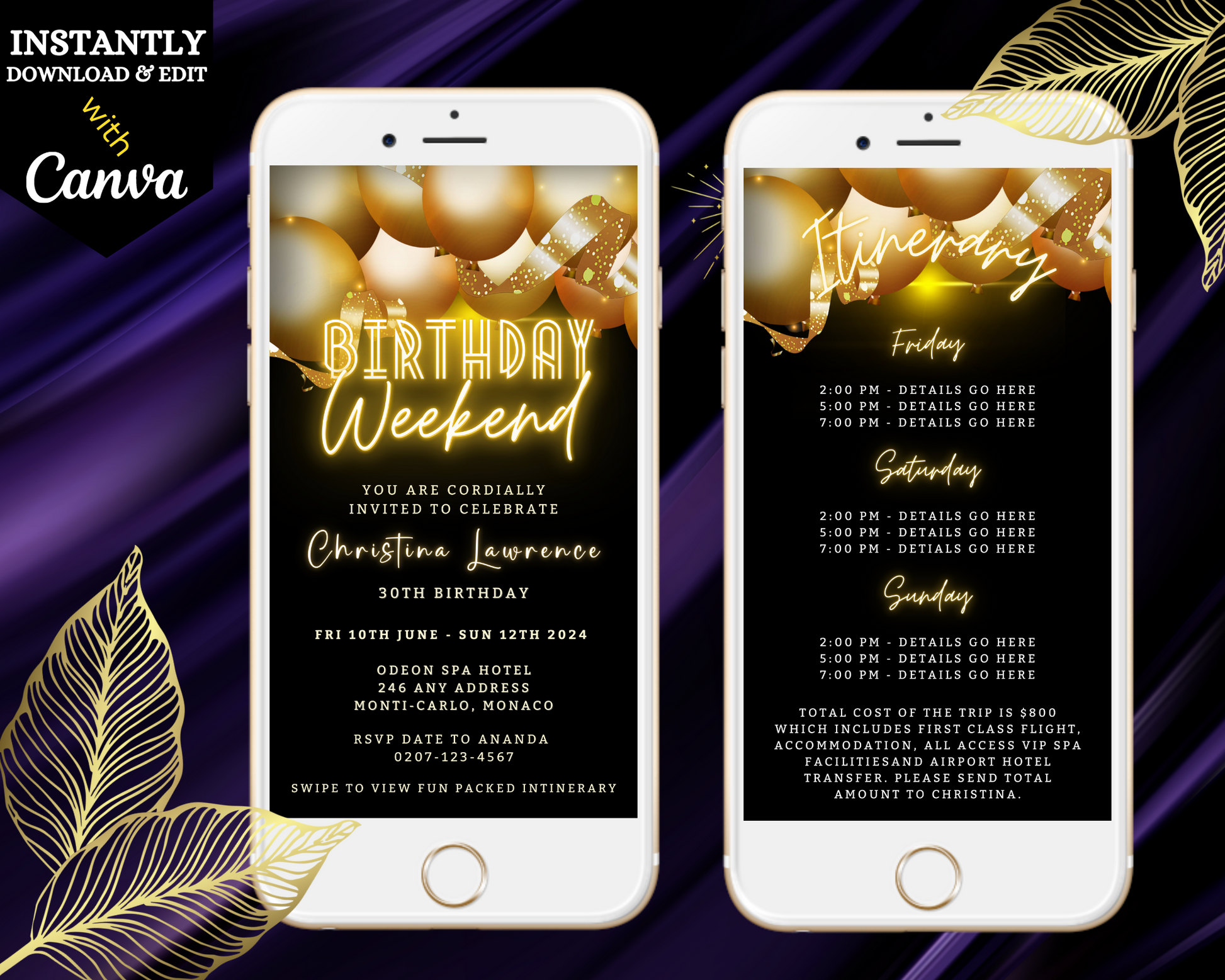 Two white smartphones displaying the customizable Black Neon Gold Balloons | Birthday Weekend Evite template with gold text and balloon graphics.