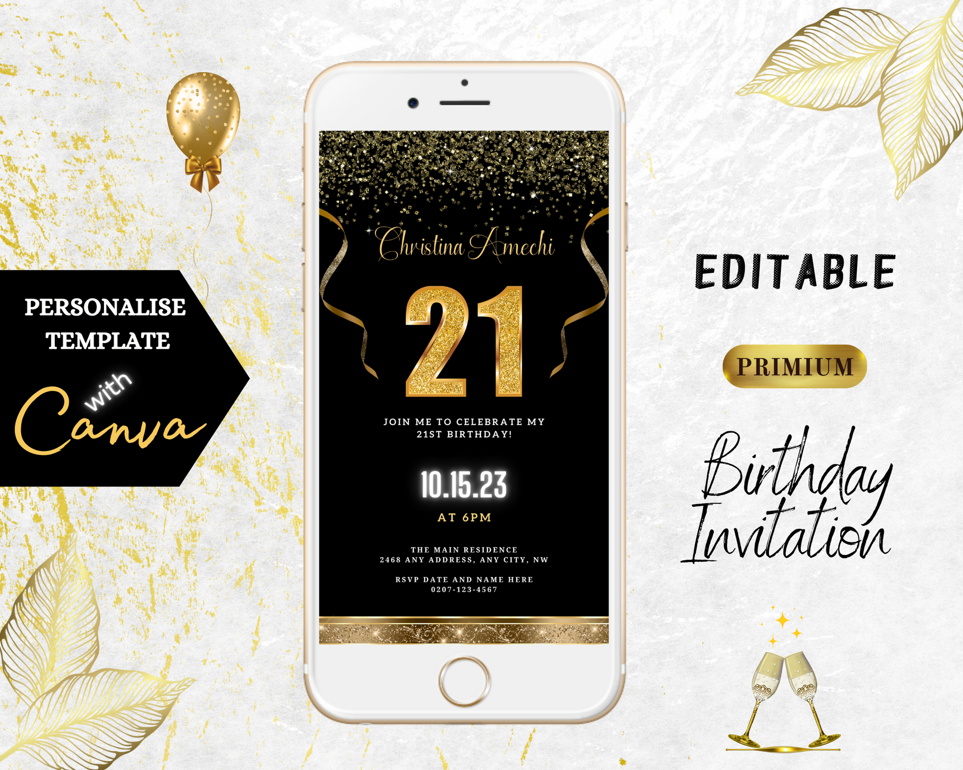 Black Gold Confetti 21st Birthday Evite with customizable text, featuring gold balloons and champagne glasses, designed for easy personalization via Canva on smartphones.