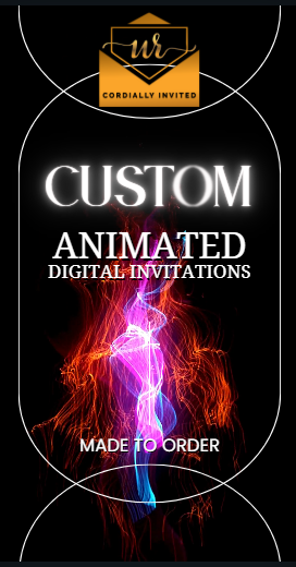 Promotional ad for Custom Birthday Video Invitation by URCordiallyInvited, featuring customizable animated digital invitations for various events, with a glowing CUSTOM text over abstract swirls.