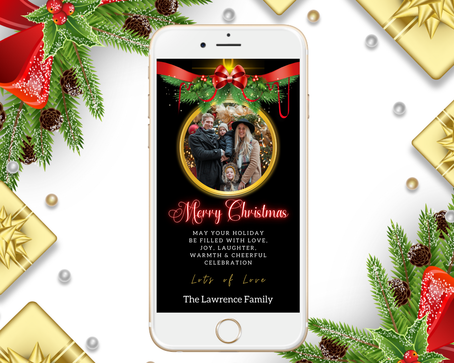 Smartphone displaying a customizable Merry Christmas eCard with a family photo and Christmas tree, editable via Canva for personal electronic invitations.