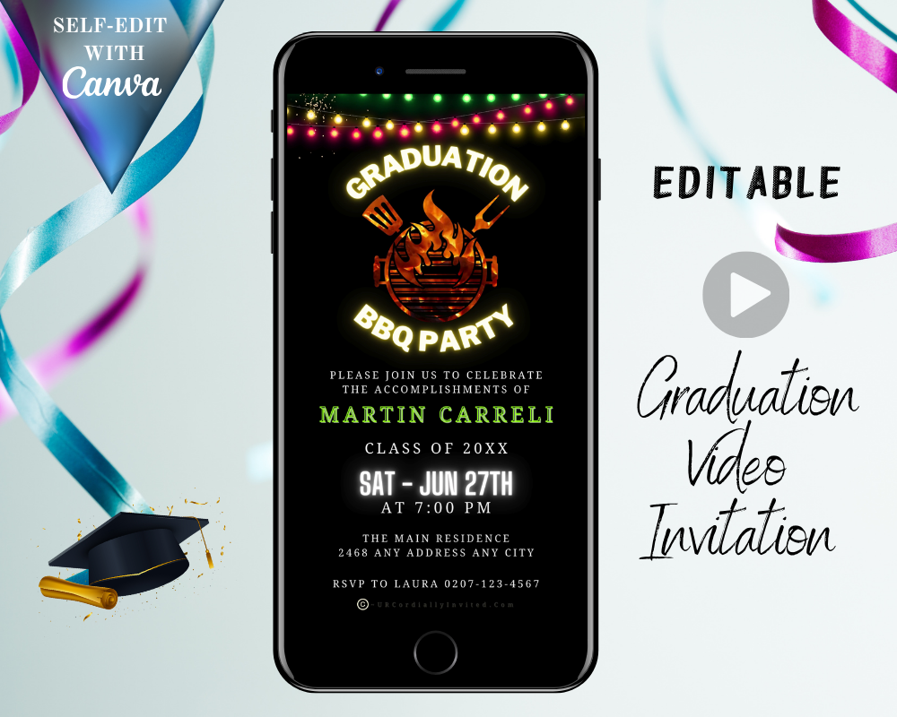 BBQ Grill Backyard Party | Graduation Video Invitation displayed on a smartphone screen, featuring graduation elements and a BBQ grill logo.