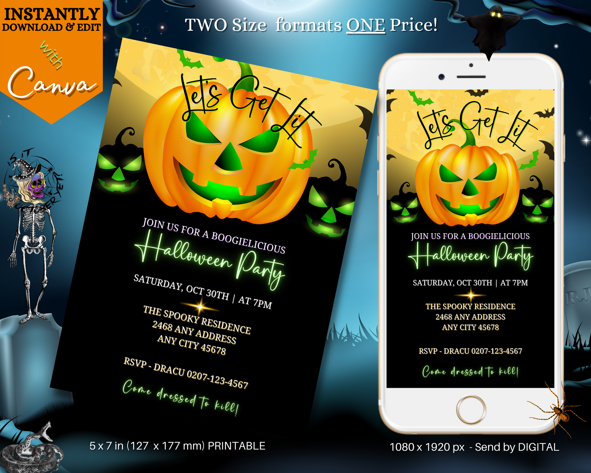 Cell phone displaying a Yellow Smiley Neon Green Pumpkin Halloween Evite alongside a Halloween invitation template.