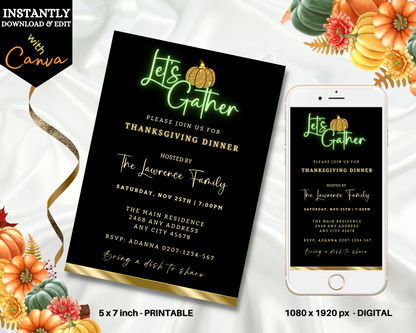 Green Neon Black Gold Pumpkin Thanksgiving Dinner Evite displayed on a phone, showcasing customizable digital invitation template.