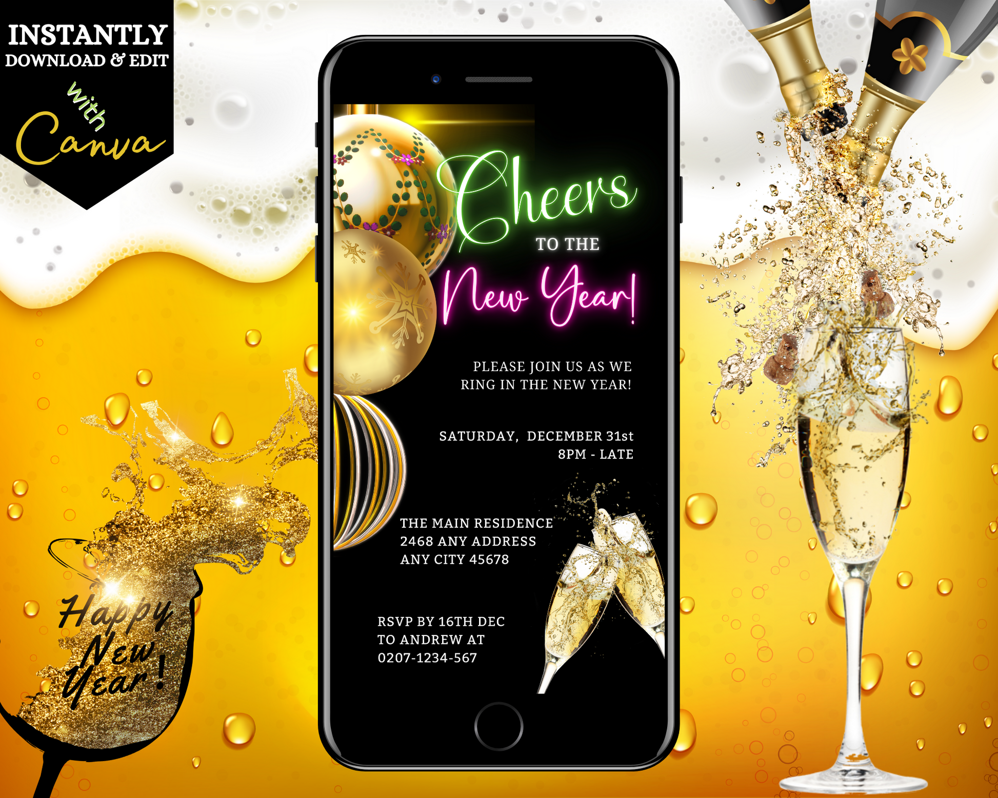 Neon Pink Green Ornaments Cheers | New Year's Eve Party Evite displayed on a smartphone with champagne bottle and glass, customizable with Canva.