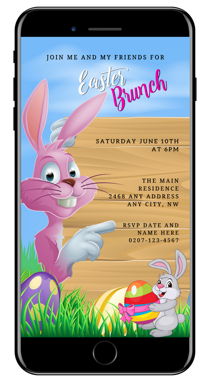 Editable digital Pink Easter Bunny & Friends Evite on a smartphone, featuring a cartoon bunny pointing at an invitation for an Easter brunch barbeque.