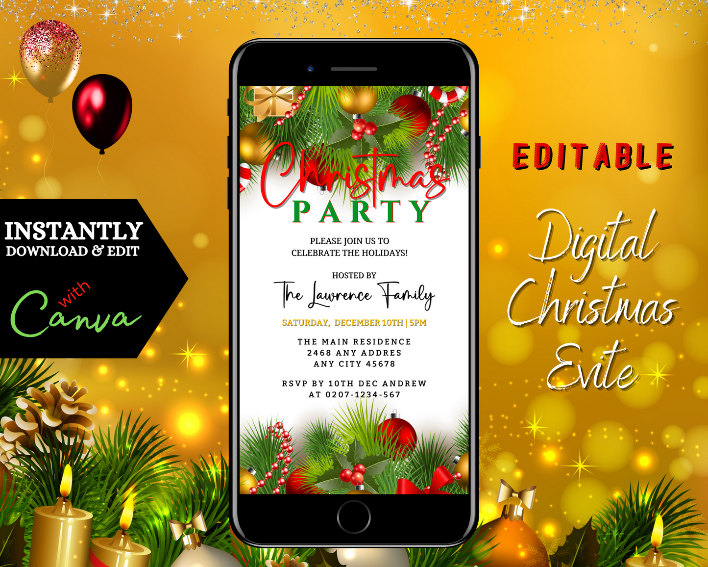 Editable digital Christmas party invitation displayed on a smartphone screen with green ornaments and text, customizable using Canva.