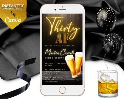 Neon Gold Beer | 30AF Birthday Evite on a smartphone screen with beer glasses and a black balloon with gold dots.