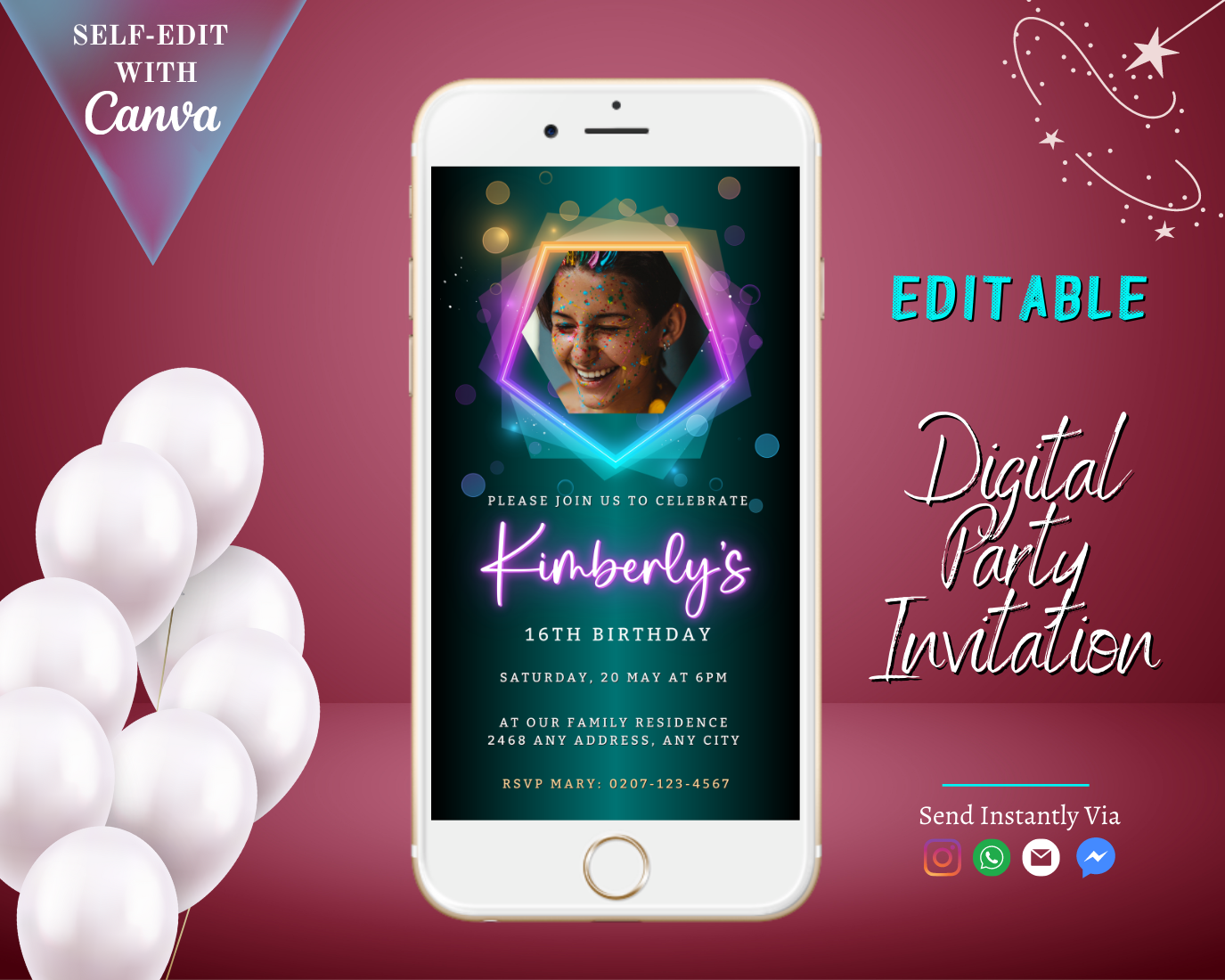 White smartphone displaying customizable digital Neon Green Pink Birthday Party Evite with a woman's photo, showcasing URCordiallyInvited's eco-friendly invitation template.