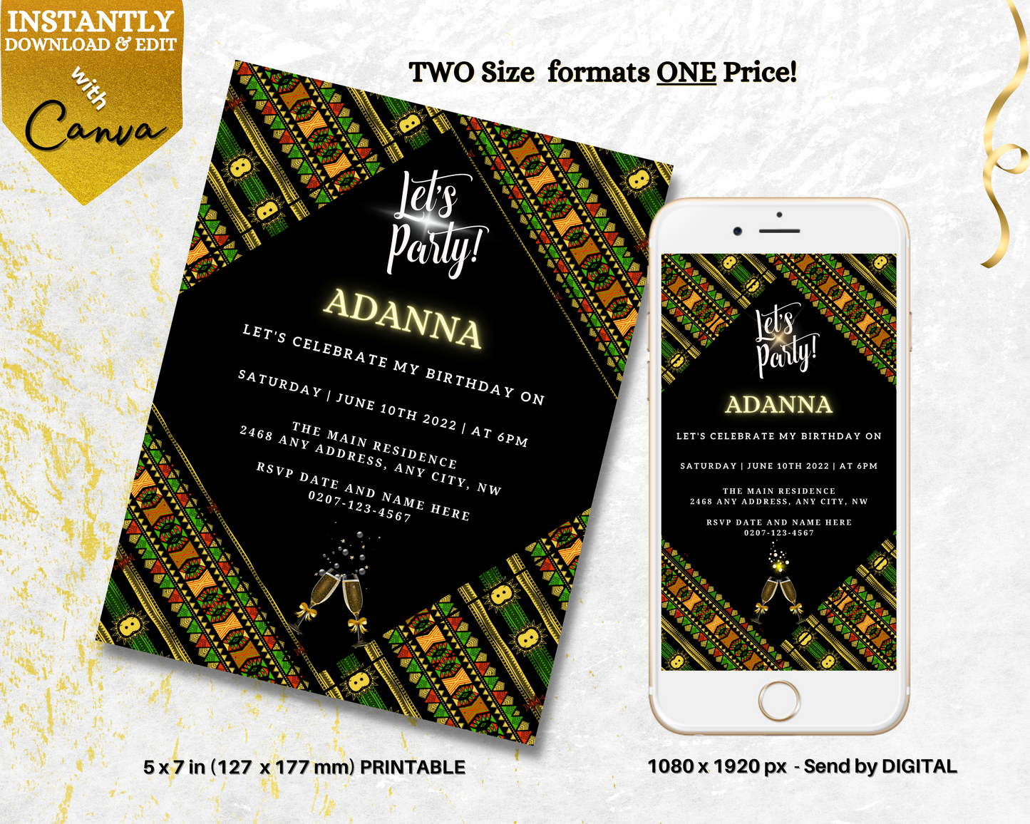 Green Black African Ankara editable party evite displayed on a smartphone, accompanied by a stylish invitation card, showcasing customizable event details via Canva.