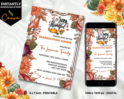 Phone displaying an editable Autumn Leaves Themed Thanksgiving Dinner Evite alongside a printed invitation with floral designs.