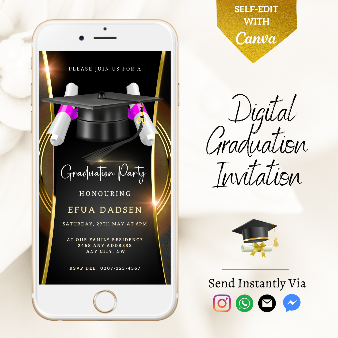 Customisable Black & Gold Graduation Party Invitation featuring a graduation cap and diploma, editable via Canva for easy sharing through digital platforms.