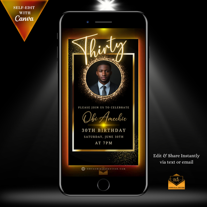 Animated 70th Birthday Video Invitation featuring a man's photo in a gold oval frame on a smartphone, ideal for an elegant celebration.